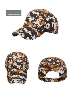 Three views of tactical digital camouflage baseball cap in yellow and coffee digital pattern