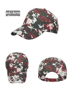 Detailed views of digital camouflage baseball cap in red and army green patterns