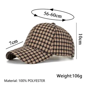 Unisex vintage brown plaid baseball cap made of 100% polyester with curved brim