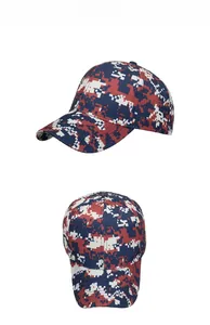 Detailed views of digital camo baseball cap with navy blue, red, and white patterns