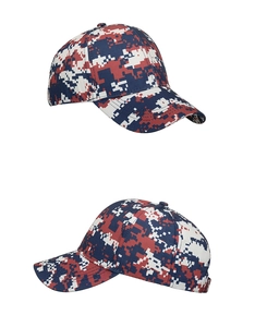 Detailed side view of multi-color digital camouflage baseball cap with sharp stitching
