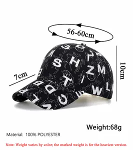 Detail showing 100% polyester fabric texture and letter print on black baseball cap