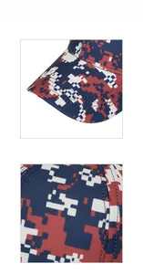 Detail of red and blue digital camouflage pattern with reinforced double stitching on cap brim