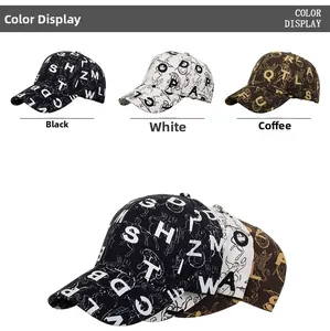 Detail of printed baseball caps showing letter patterns in black white and coffee colors