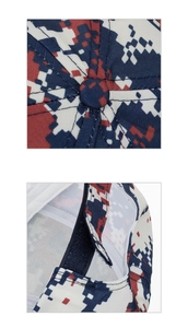 Detail of digital camouflage baseball cap featuring top button and Velcro strap closure