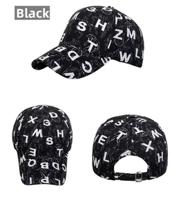 Detail view of black baseball cap with white letter print and adjustable metal buckle