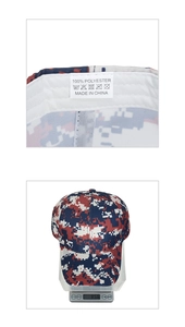 Detail view of digital camo baseball cap inner label and weight at 85.6 grams