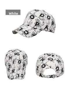 Three-view layout of white baseball cap featuring black letter and angel prints
