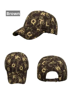 Detailed views of the coffee-colored baseball cap with gold pattern and metal buckle