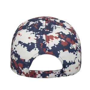Digital pixel camouflage baseball cap in blue and burgundy with adjustable back strap