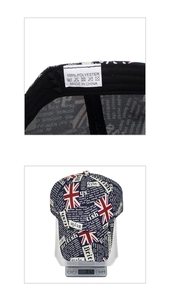 Detail van de Union Jack honkbalpet van polyester met binnenlabel en gewicht van de pet