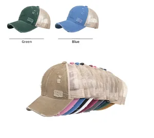 Close-up of distressed washed mesh baseball caps showing ripped details and various colors
