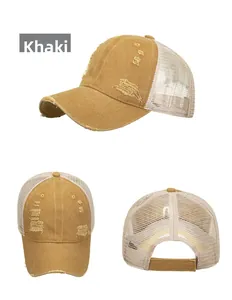 Detailed views of washed khaki baseball cap with distressed holes and mesh back