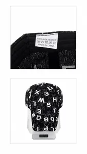 Detailed view of lightweight black polyester baseball cap with letter print weighing 67.1g