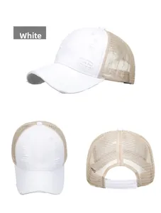Three-angle view of white distressed baseball cap with mesh back and velcro strap