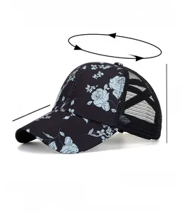 Detail view of floral print baseball cap with dimensions and breathable mesh design
