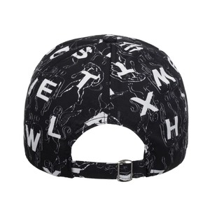 Black baseball cap with white letter and angel print featuring an adjustable back strap