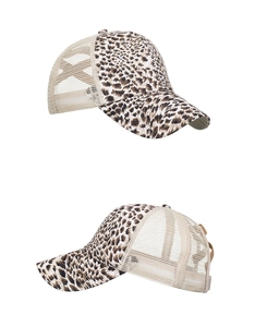 Detailed views of leopard print baseball cap featuring breathable mesh and adjustable strap