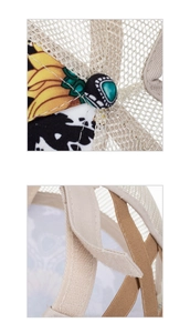 Détail de casquette tournesol avec filet beige et sangles croisées pour queue de cheval
