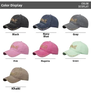 Vue détaillée de plusieurs couleurs de casquettes en coton délavé vintage avec broderie fine