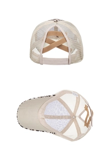 Detail view of leopard print baseball cap featuring criss-cross elastic bands for ponytails