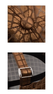 Détail d'une casquette montrant le tissu gaufré bronze et la boucle en métal