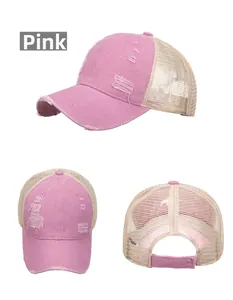 Three-view shot of a distressed pink baseball cap with mesh back and velcro closure