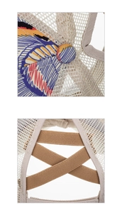 Detail view of the criss-cross elastic bands on the back of this ponytail mesh trucker hat