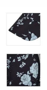 Close-up of black baseball cap with blue floral print and mesh side panels detail