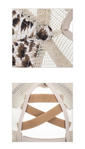 Detail of leopard print fabric with breathable mesh and elastic criss-cross back design