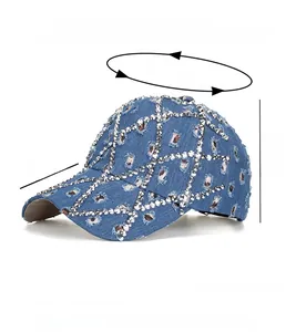 Detailed size specifications for distressed denim baseball cap with rhinestone patterns