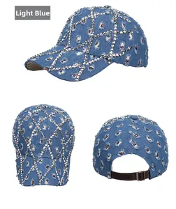 Three-angle view of light blue denim baseball cap with sparkling rhinestones and distressed details