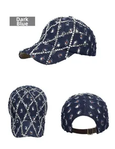 Detailed views of dark blue distressed denim baseball cap with sparkling rhinestones decoration