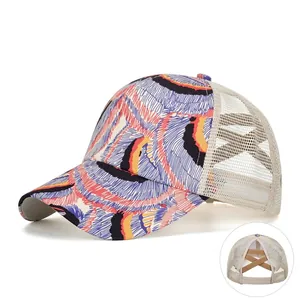 Women Criss Cross Ponytail Baseball Cap Multicolor Print Breathable Mesh Sun Hat Summer Outdoor Cotton Trucker Hat For Women