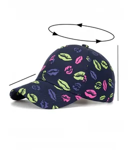 Detailed view of dark blue polyester baseball cap featuring colorful lip prints and size chart
