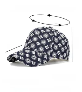 Detail view of navy blue embroidered baseball cap with 100% polyester material specifications