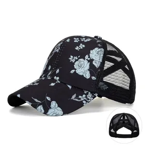 Women Ponytail Criss Cross Baseball Cap Floral Print Mesh Back Breathable Trucker Hat Outdoor Adjustable Sunshade Cotton Cap