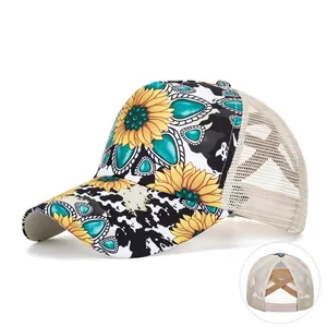 Casquette de Baseball pour Queue de Cheval Haute Femmes Imprimé Tournesol Turquoise Chapeau Trucker en Maille Réglable Respirant