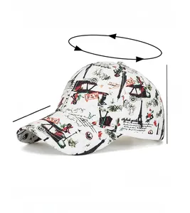 Detailed view of white baseball cap with vintage stamp prints and size specifications
