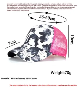 Detailed size guide and cotton-mesh material specs for the ponytail baseball cap