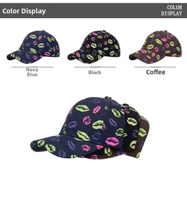 Detail view of lip print baseball caps in navy blue black and coffee color options