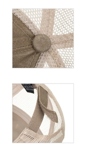 Detail of adjustable velcro strap and mesh texture on the army green baseball cap