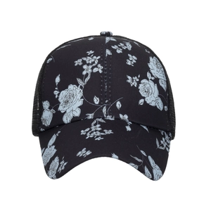 Black baseball cap with floral print and breathable mesh back for sun protection
