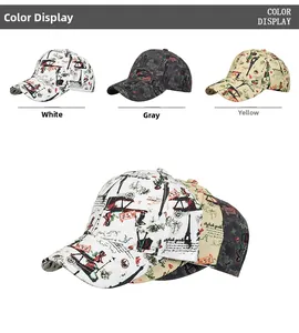 Three-color display of cotton baseball caps with vintage Eiffel Tower graffiti prints