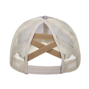 Beige ponytail baseball cap with criss-cross elastic bands and mesh back design