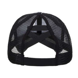 Black mesh baseball cap with cross elastic bands for high ponytail hair styling