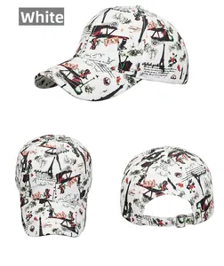 Three views of white baseball cap with vintage Eiffel Tower and stamp prints