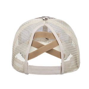 Leopard print ponytail baseball cap with criss-cross elastic bands and mesh back