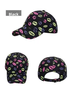 Three views of black baseball cap with colorful lip patterns and adjustable metal buckle