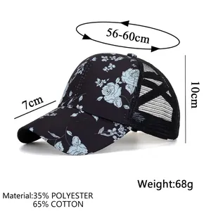 Navy blue floral print baseball cap with breathable mesh back and adjustable strap